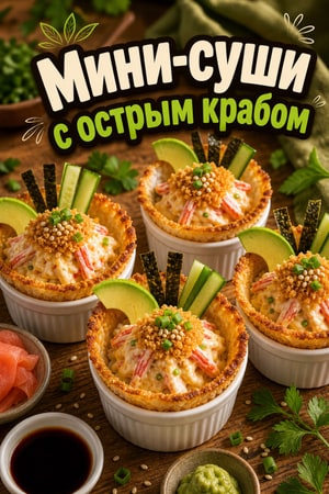 Мини-суши в формах с острым крабом и хрустом — легко