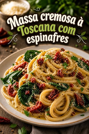 Massa cremosa à Toscana com espinafres e tomates secos