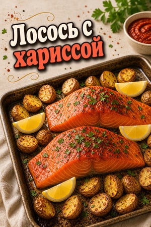 Пикантный лосось с хариссой и хрустящим картофелем в духовке