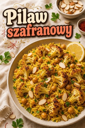 Pilaw szafranowy z pieczonym kalafiorem i ciecierzycą