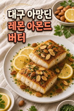레몬 허브 아몬드 버터를 얹은 클래식 프랑스 대구 아망딘, 황금빛 버터 소스의 우아한 저녁 요리