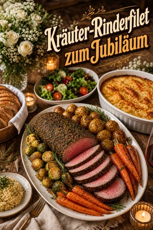 Elegantes Jubiläums-Buffet mit Kräuter-Rindertenderloin und Gemüse
