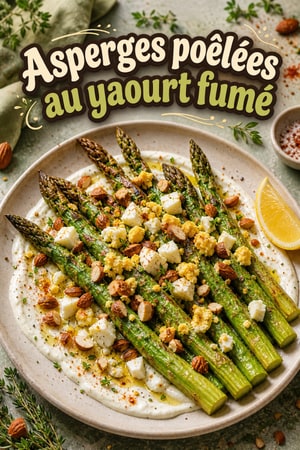 Asperges poêlées au yaourt fumé et aux amandes