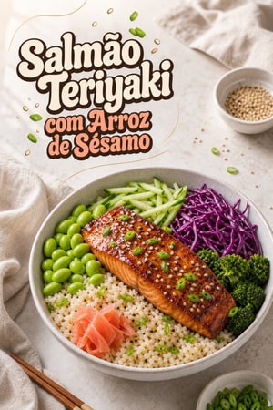 Taças de Salmão Teriyaki com Arroz de Gergelim e Vegetais Crocantes