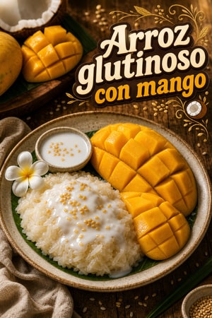 Arroz pegajoso tailandés con mango y crema de coco