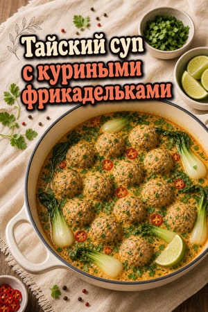 Тайский суп с куриными фрикадельками в кокосовом бульоне