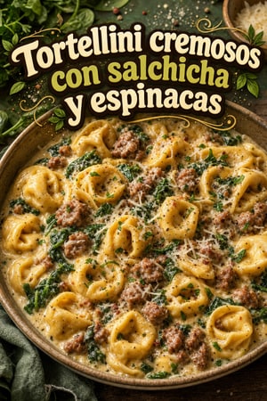 Tortellini cremosos con salchicha y espinacas en una sola olla