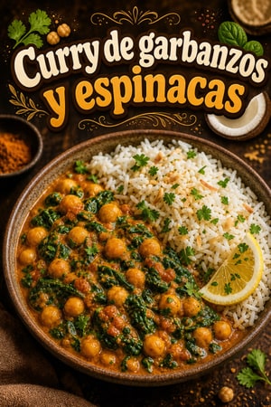 Curry de garbanzos y espinacas con arroz de coco fácil