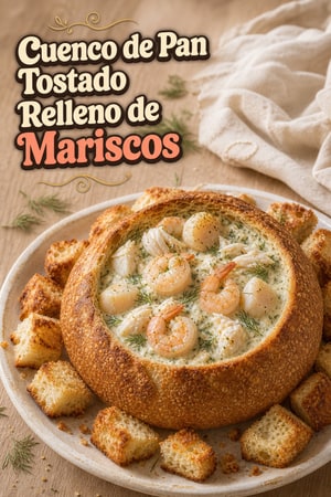 Cuenco de Pan Tostado Relleno de Mariscos con Salsa de Eneldo