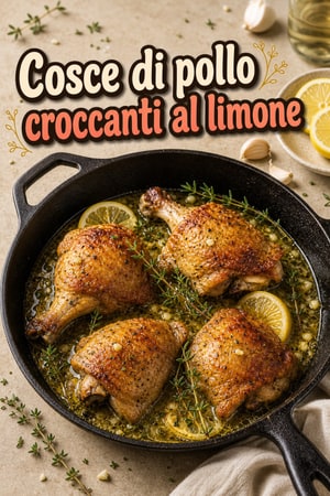 Cosce di pollo croccanti al limone, erbe, vino e burro
