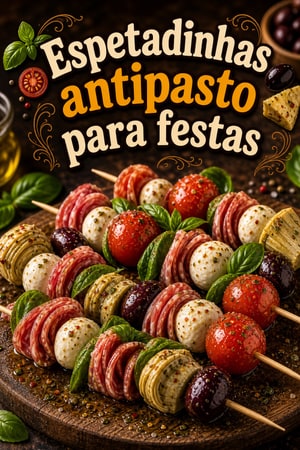 Espetadinhas antipasto festivas com queijos e charcutaria
