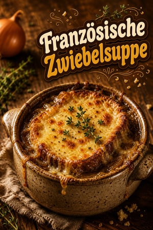 Klassische französische Zwiebelsuppe mit Gruyère gratiniert