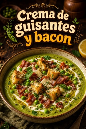 Crema de guisantes y bacon con crujientes de parmesano