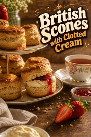 Classic British Scones with Clotted Cream and Strawberry Jam