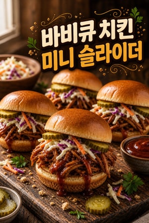 훈제향이 배인 바비큐 풀드치킨 미니 슬라이더와 크리미 슬로 간편 파티용, 토스트 번과 피클로 완성