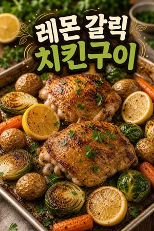 주중 저녁에 딱 맞는 쉽고 빠른 레몬 갈릭 치킨과 구운 채소 한 팬 오븐 구이, 완벽한 레시피