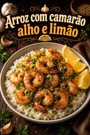 Tigela de Arroz com Camarão, Alho, Manteiga e Limão