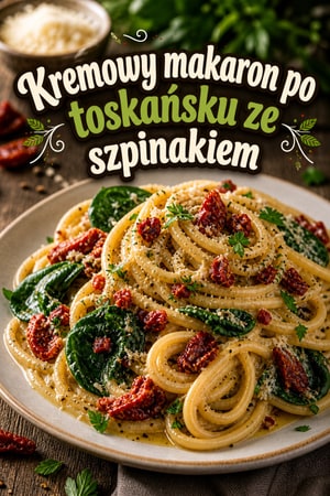 Kremowy makaron po toskańsku ze szpinakiem i pomidorami
