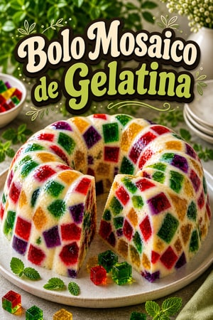 Bolo Mosaico de Gelatina Vibrante com Base Cremosa de Baunilha