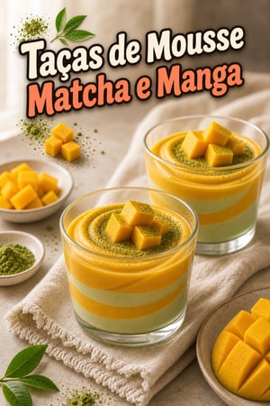 Taças de Mousse Matcha e Manga com Calda Swirl