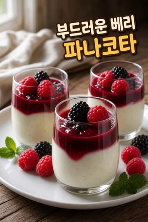 실크처럼 부드러운 베리 파나코타 신선한 과일 쿨리 소스와 함께