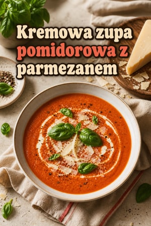 Kremowa zupa pomidorowa z parmezanem i świeżą bazylią