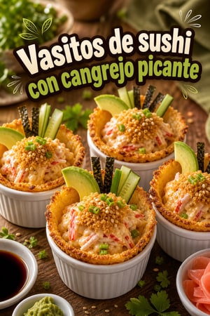 Tazas de sushi horneado con cangrejo picante y crujiente