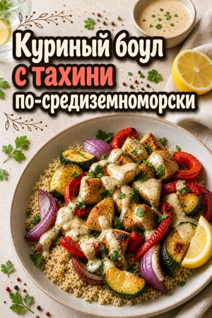 Средиземноморский куриный боул на противне с соусом тахини