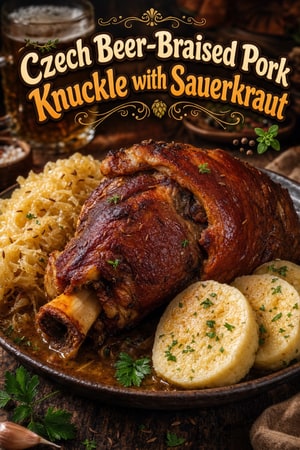 Czech Beer-Braised Pork Knuckle with Sauerkraut and Dumplings