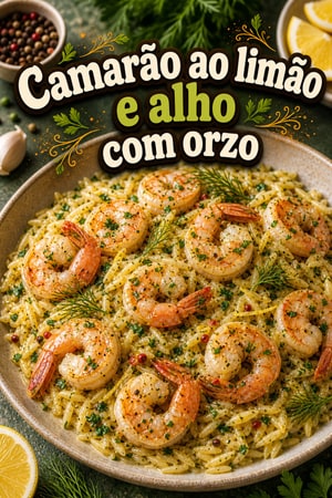 Camarão com Alho e Manteiga de Limão, Massa Orzo e Ervas