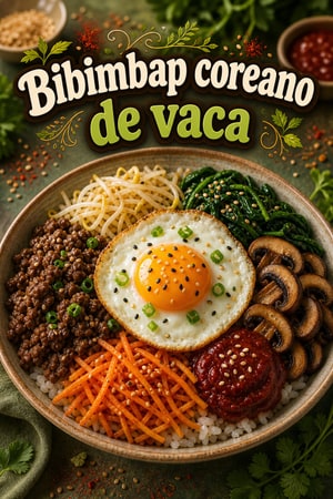 Bibimbap coreano de vaca com gochujang, legumes e sésamo