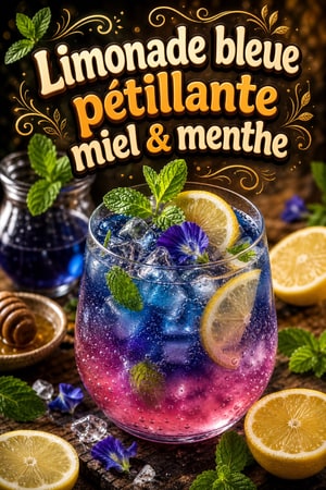 Limonade pétillante aux fleurs de pois bleu, miel & menthe