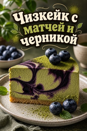 Чизкейк с матчей и ягодным свирлом из черники