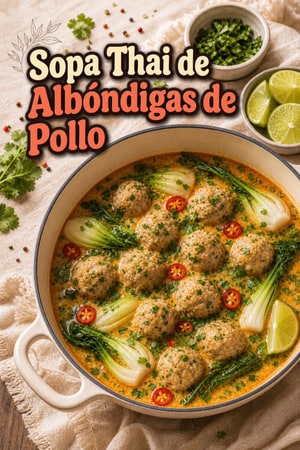 Sopa Thai de Albóndigas de Pollo con Caldo de Coco y Lima