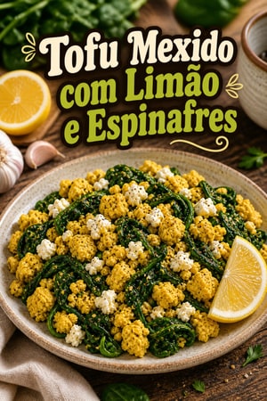 Tofu Mexido com Limão, Alho e Espinafres Salteados