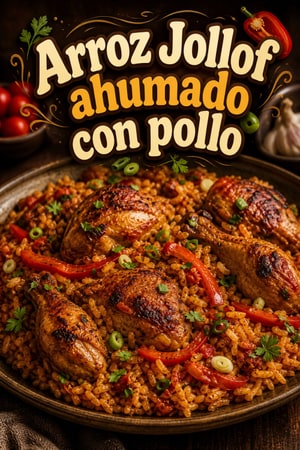 Arroz Jollof ahumado con pollo y pimientos festivo