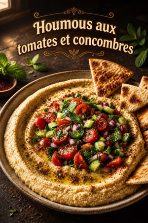 Houmous garni de tomates et de concombres
