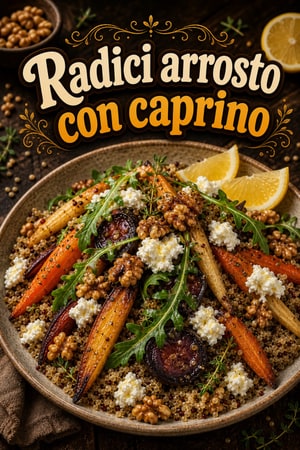 Insalata tiepida di radici arrosto, amaranto e caprino