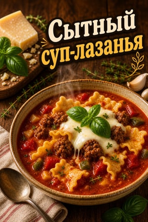 Сытный суп-лазанья с итальянской колбасой и моцареллой