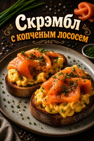 Нежный скрэмбл с копченым лососем и шнитт-луком на тартинке