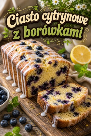 Klasyczne domowe ciasto cytrynowe z borówkami i lukrem