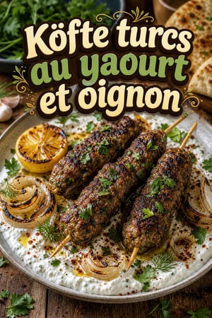Köfte turcs épicés, sauce yaourt à l'oignon grillé