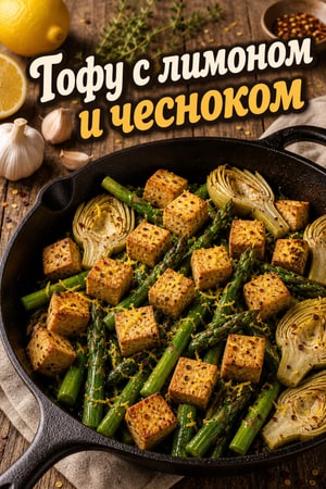 Лимонный тофу с чесноком, свежей спаржей и артишоками