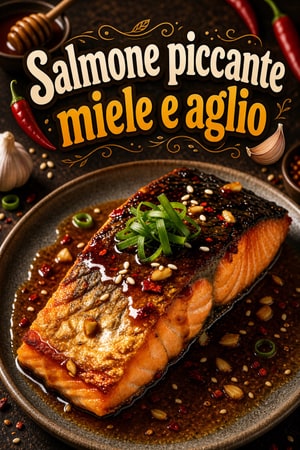 Salmone piccante al miele e aglio con pelle croccante