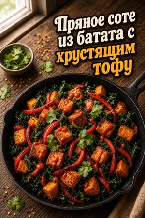 Пряное соте из батата с хрустящим тофу на сковороде
