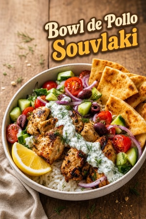 Bowls de Pollo Souvlaki Griego con Tzatziki y Pan Pita Crujiente