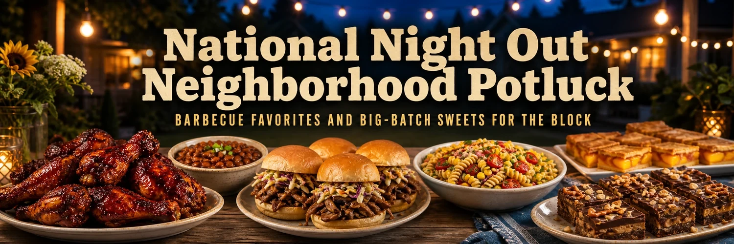 A wide dusk block-party table with barbecue drumsticks, mushroom sliders, pasta salad, baked beans, peach bars, and chocolate-pretzel bars under the National Night Out headline.