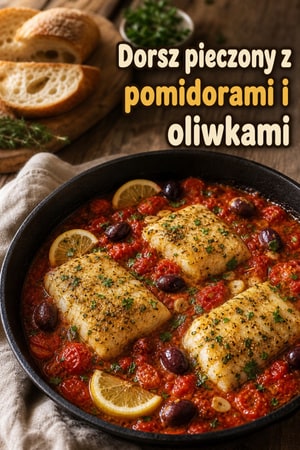 Dorsz pieczony z pomidorami i oliwkami