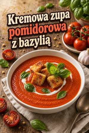 Kremowa zupa z pieczonych pomidorów z bazylią i grzankami
