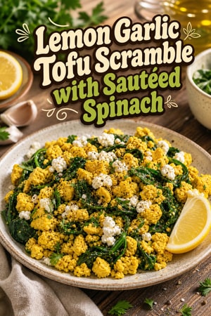 Lemon Garlic Tofu Scramble with Sautéed Spinach